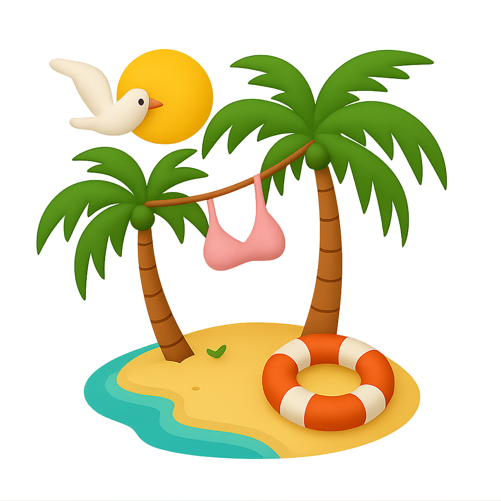 Illustration for the Secret Alianse case - a tropical island with palm trees, a beach atmosphere and a swimsuit, symbolizing summer fashion and comfort