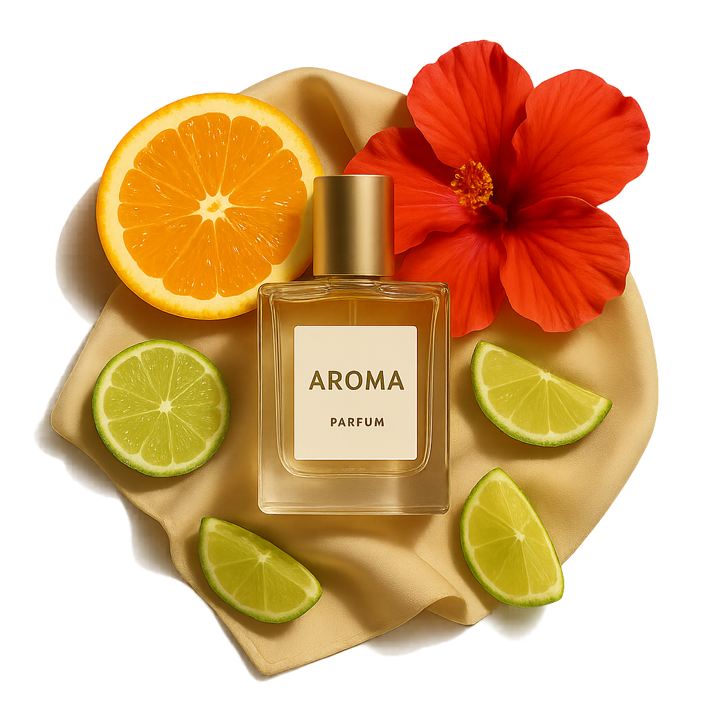 Aroma Parfum case — a perfume bottle surrounded by citrus fruits and a flower, conveying the brand's aesthetics