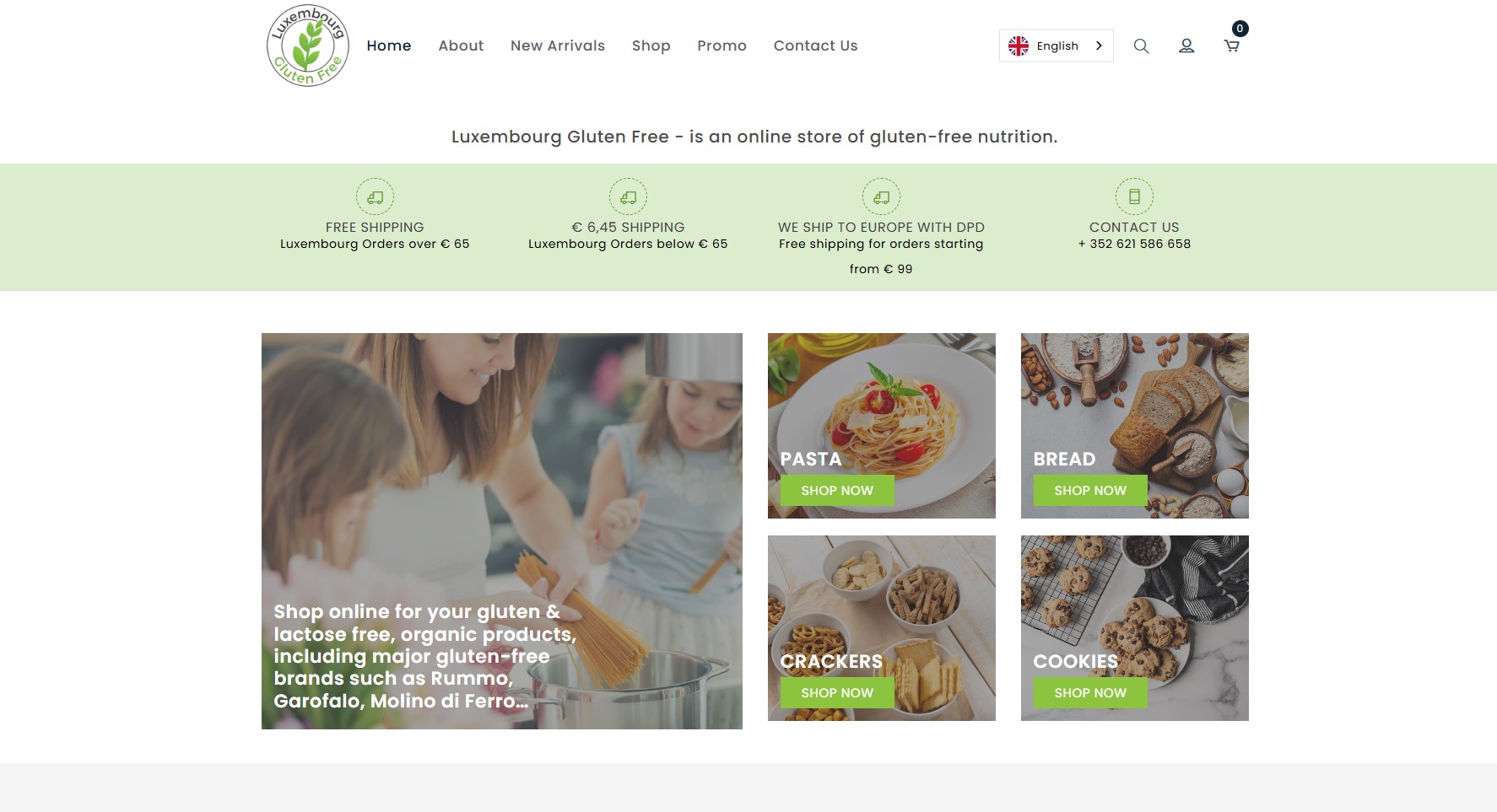 Screenshot of the homepage of the Luxembourg Gluten Free online store, offering gluten-free and organic food products