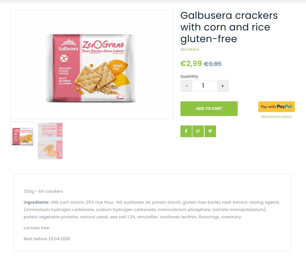 Product card of Galbusera crackers with information about price and composition on the Gluten Free website