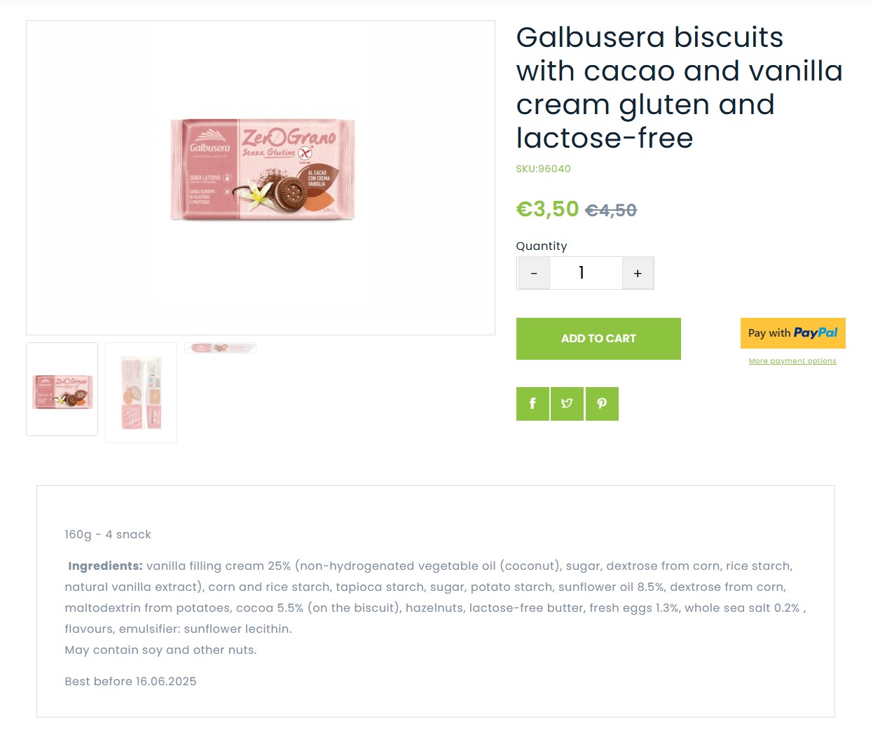 Product card of Galbusera biscuits with cocoa and vanilla on the gluten-free store website
